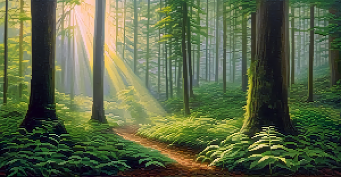 A tranquil forest at dawn with sunlight filtering through leaves and mist in the air.
