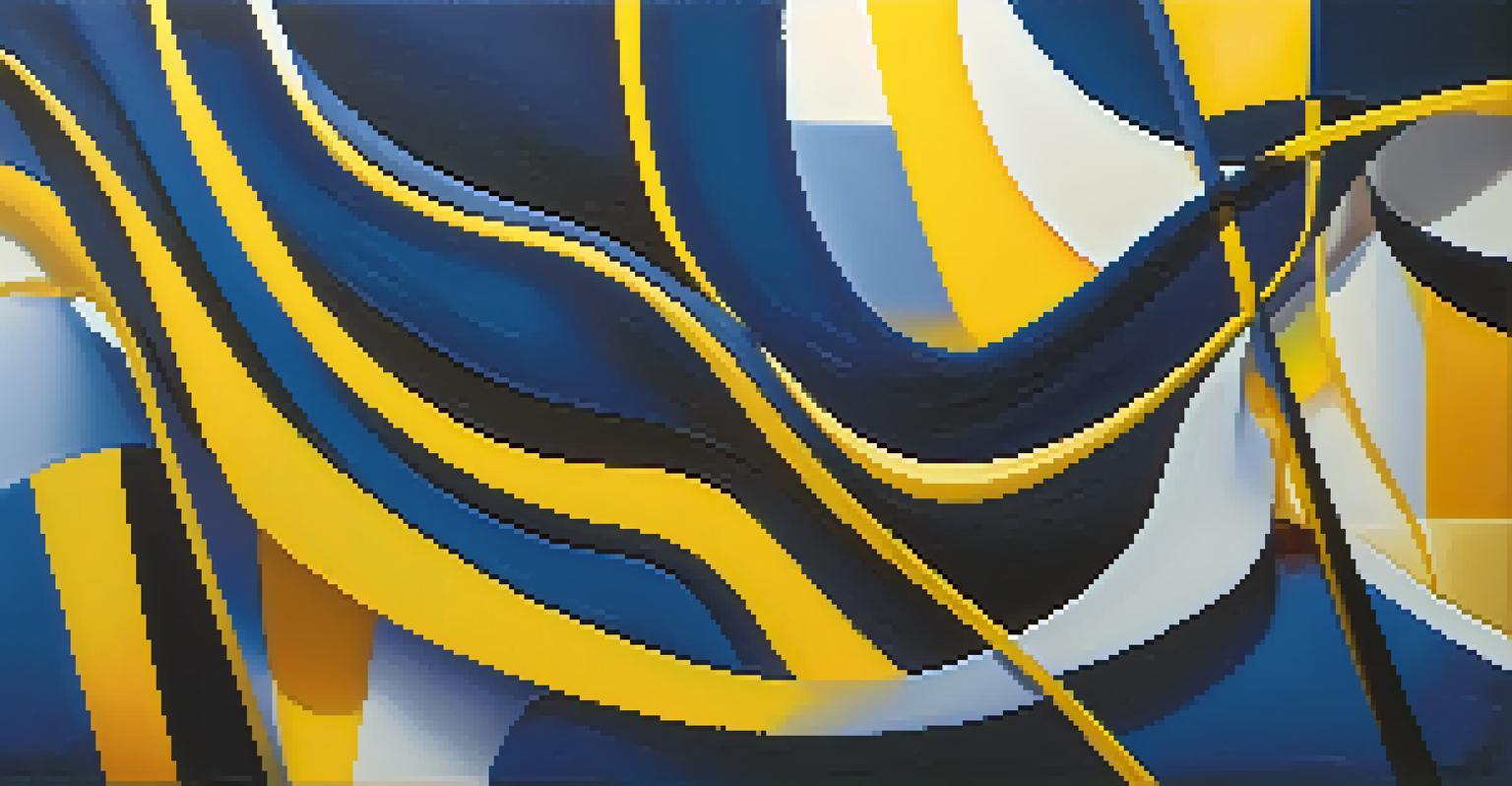 An abstract artwork with flowing shapes in deep blue and bright yellow against a soft gradient background.