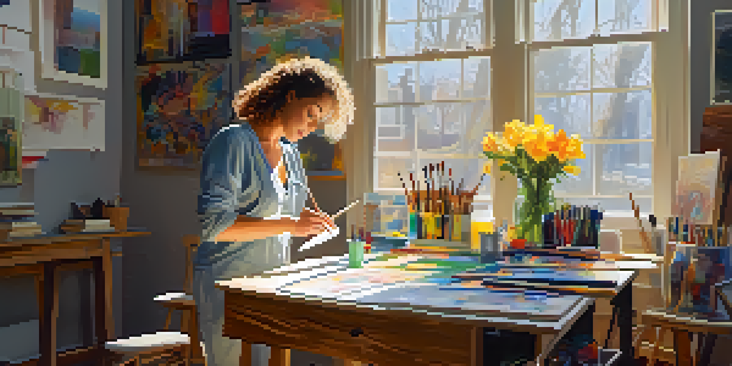 An artist painting in a sunlit studio filled with colorful art supplies and sketches.