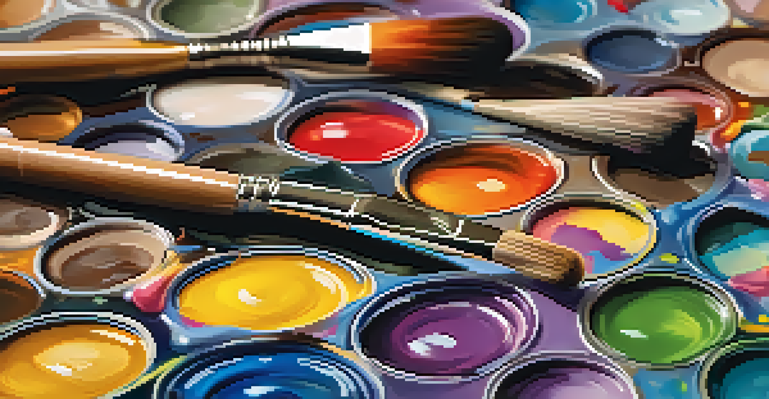 A close-up of a painter's palette with colorful paints and brushes, showcasing texture and light.