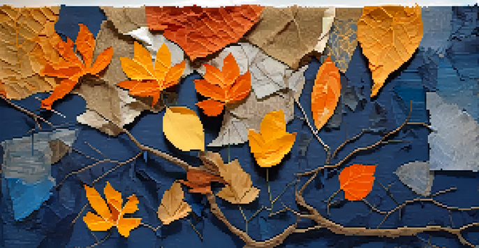 A colorful collage painting with various textures and materials, including torn paper and fabric, with leaves as the focal point.