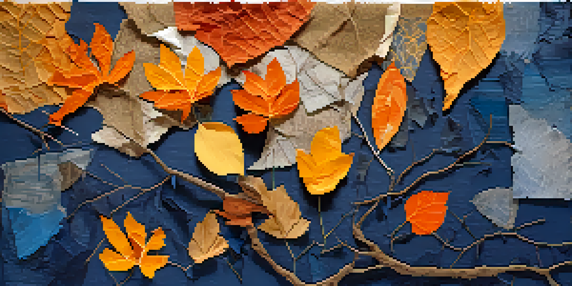 A colorful collage painting with various textures and materials, including torn paper and fabric, with leaves as the focal point.
