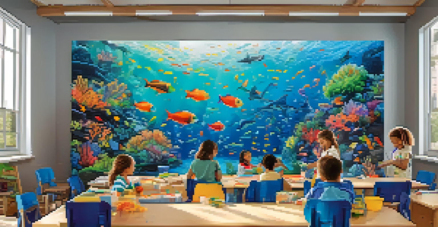 A group of children collaborating on a large canvas mural depicting an underwater scene, with colorful fish and coral, in a bright classroom.