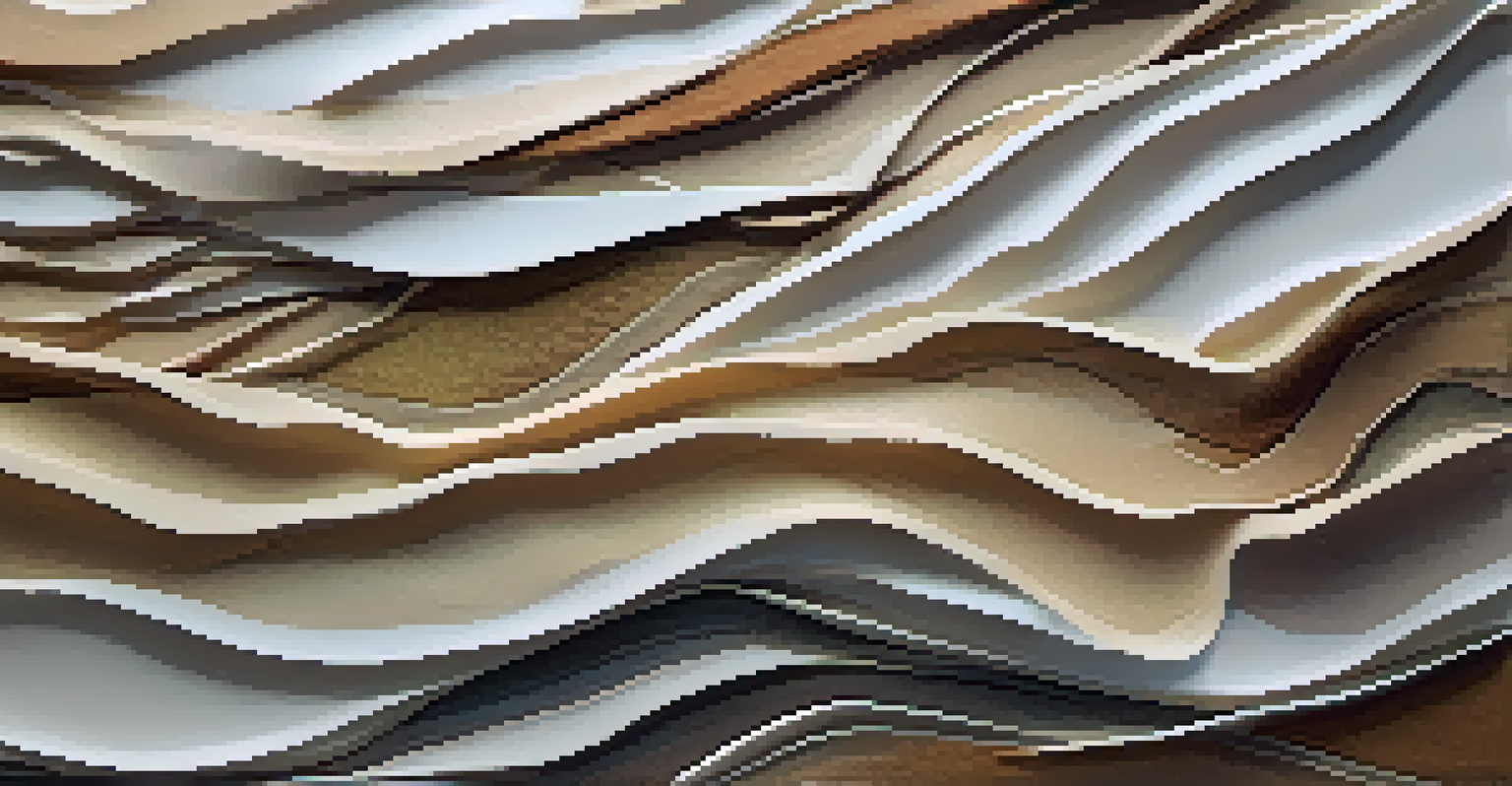 A close-up view of a mixed media artwork with layers of paint, sand, and fabric, displayed in a gallery setting with warm colors.