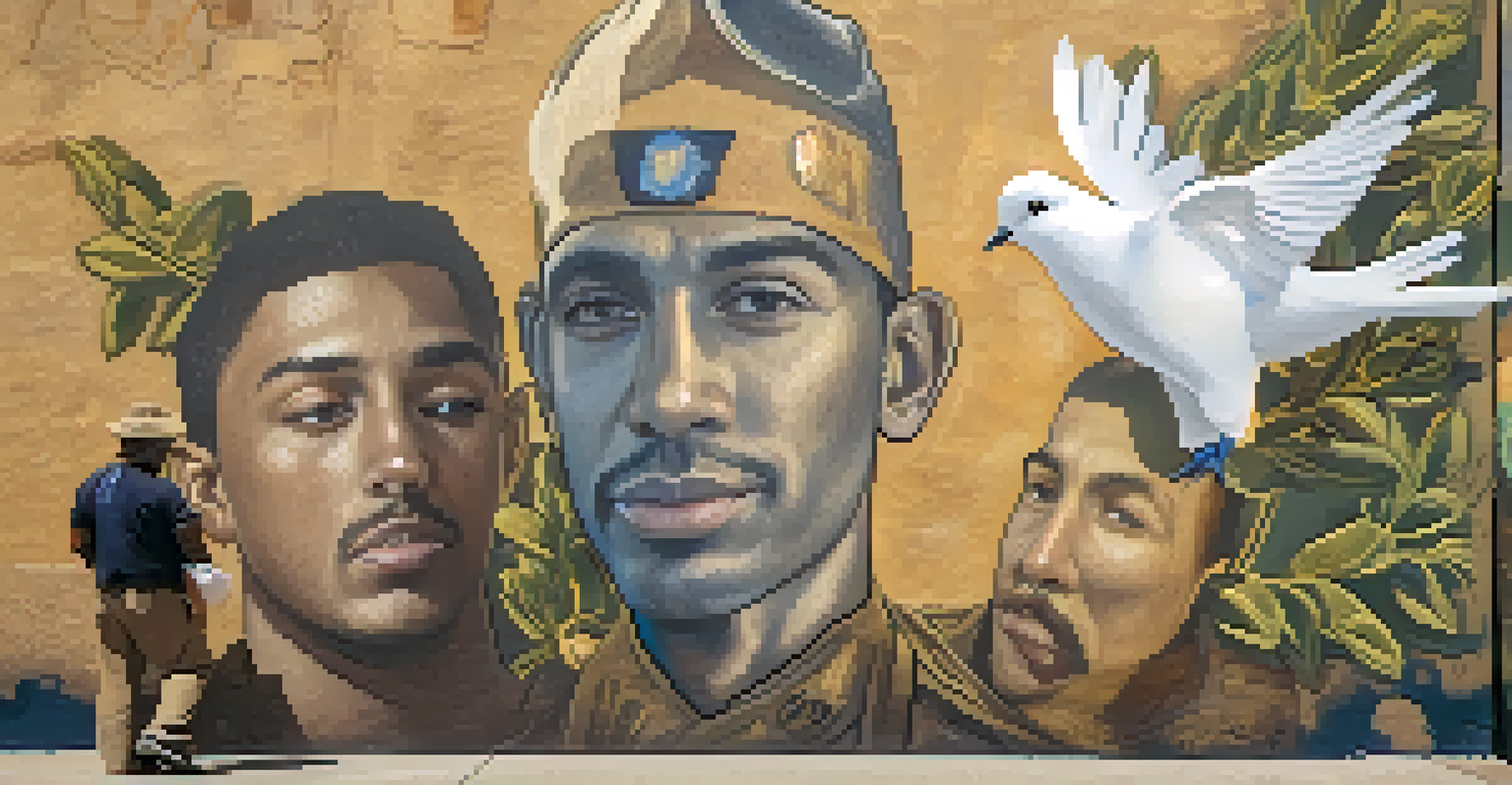 A detailed close-up of a mural with faces of local heroes, surrounded by symbolic elements and textures.