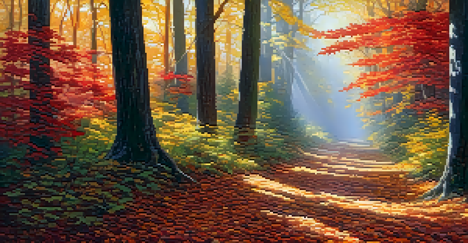 An enchanting autumn forest with colorful leaves, sunlight filtering through the trees, and a winding path, promoting a sense of exploration and peace.