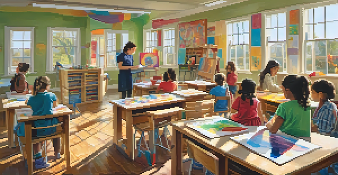 A lively classroom with children participating in different art activities, surrounded by colorful artwork and bright sunlight.