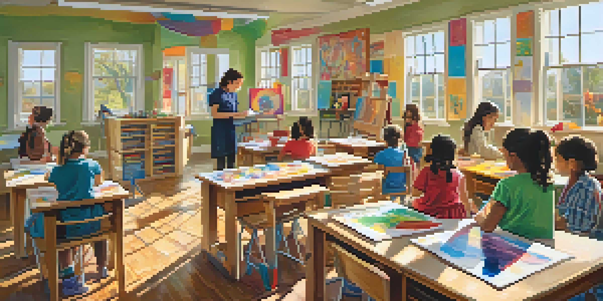 A lively classroom with children participating in different art activities, surrounded by colorful artwork and bright sunlight.