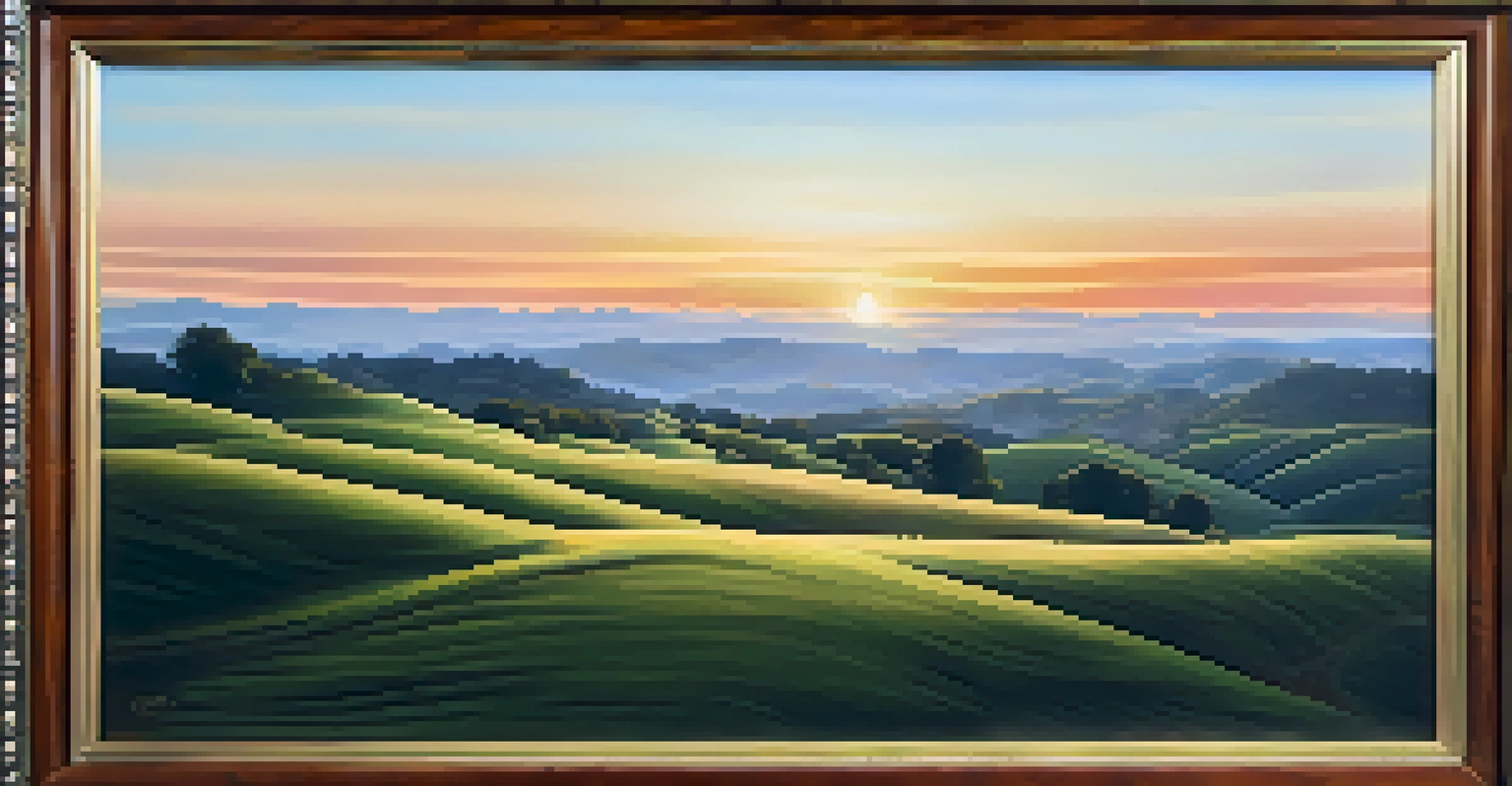 A close-up of an oil painting of a landscape with a sunset, showcasing brushstroke textures.