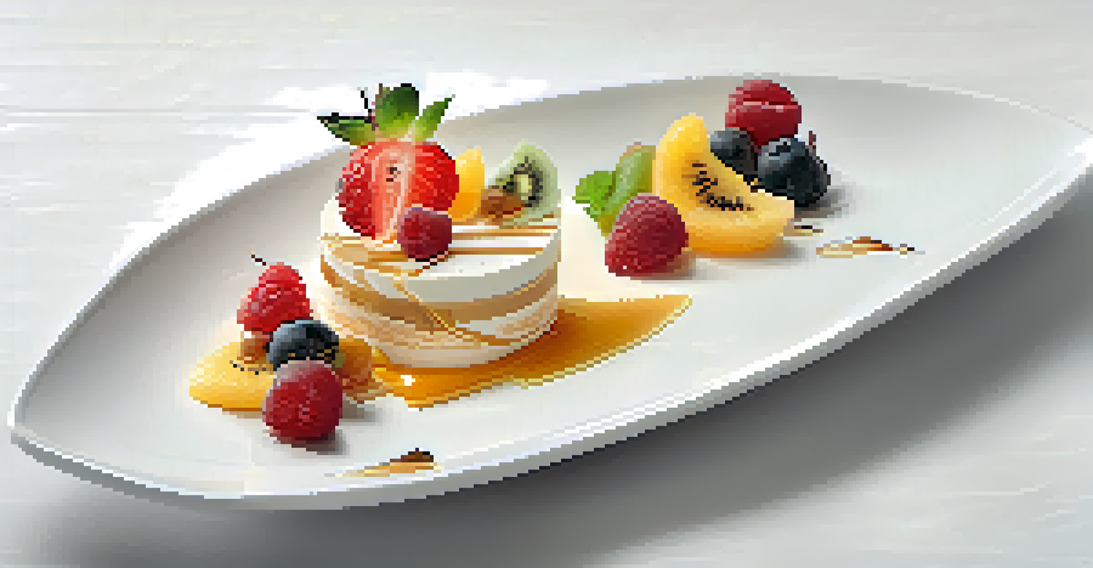 A beautifully plated dessert with layers of mousse, caramel shards, and fresh fruit on a white dish, with a soft-focus background.