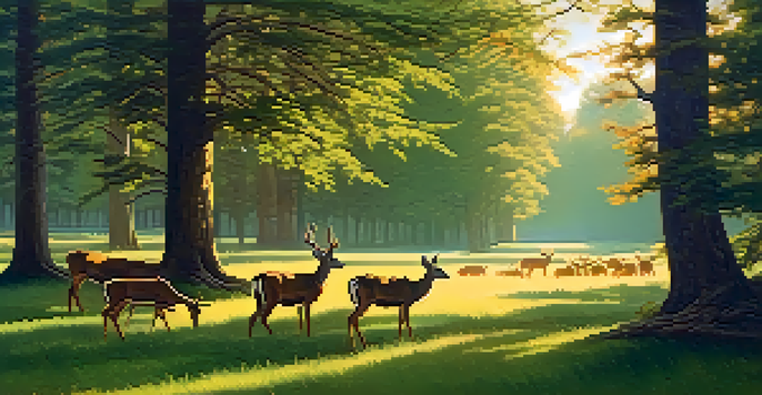 A tranquil forest scene with sunlight filtering through leaves, highlighting deer grazing in a meadow.