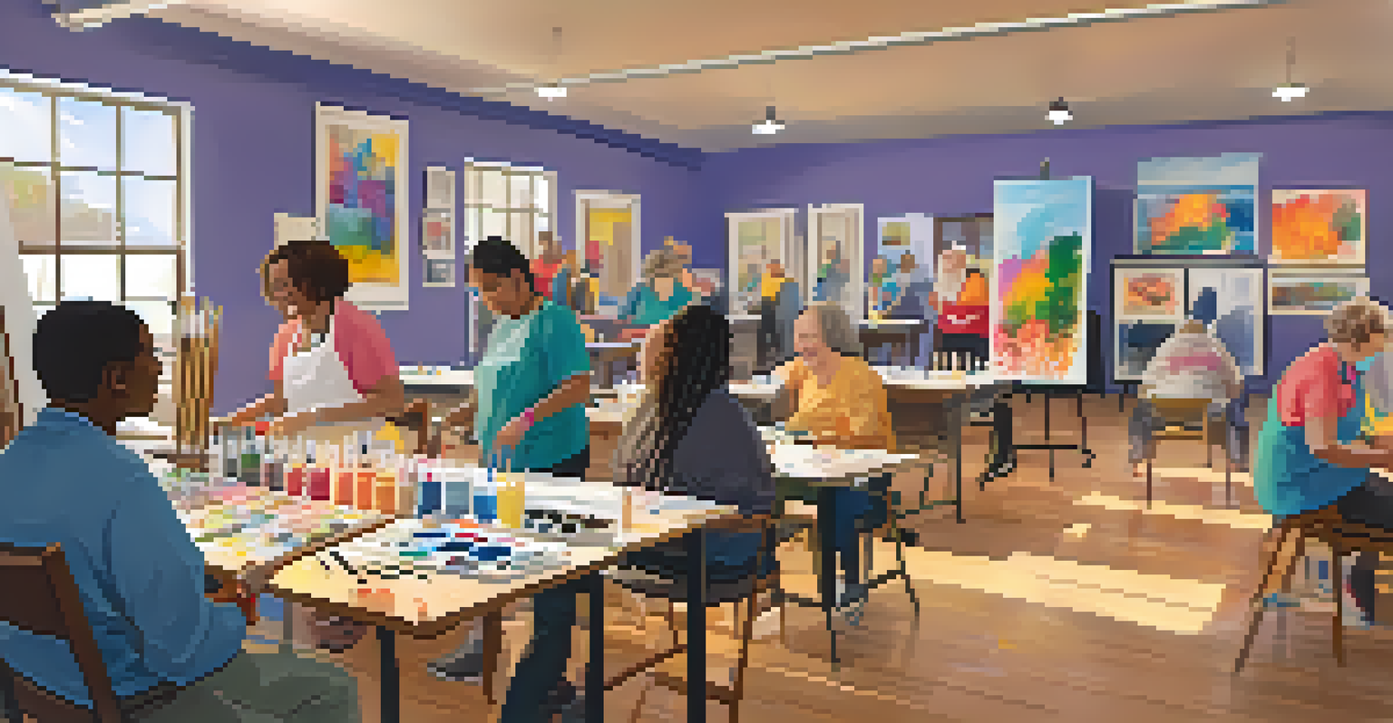 A group of individuals with disabilities participating in an art therapy workshop, painting on canvases and sharing supportive interactions.