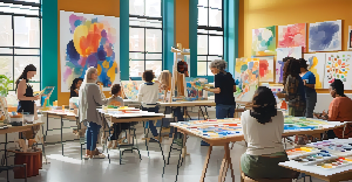 A diverse group of individuals engaged in a peaceful art therapy session, painting in a sunlit studio filled with colorful artwork.