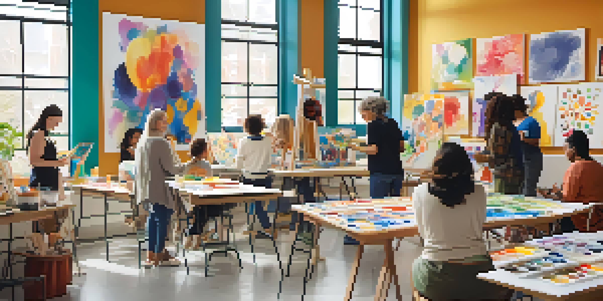 A diverse group of individuals engaged in a peaceful art therapy session, painting in a sunlit studio filled with colorful artwork.