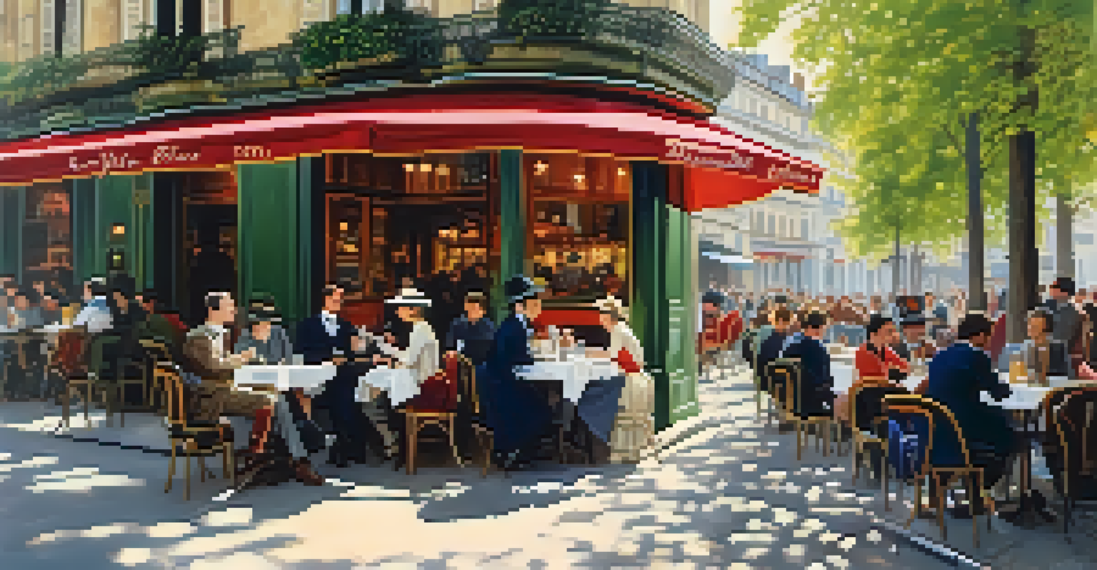A bustling Parisian café scene with people enjoying their time under dappled sunlight.