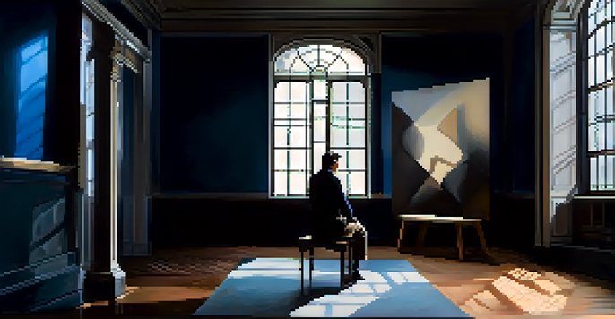 A person sitting in a dimly lit room, facing a large dark painting that symbolizes inner turmoil, with a beam of light illuminating their contemplative expression.