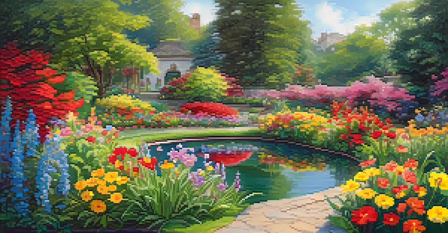 A vibrant garden filled with blooming flowers and a small pond, showcasing the play of light.