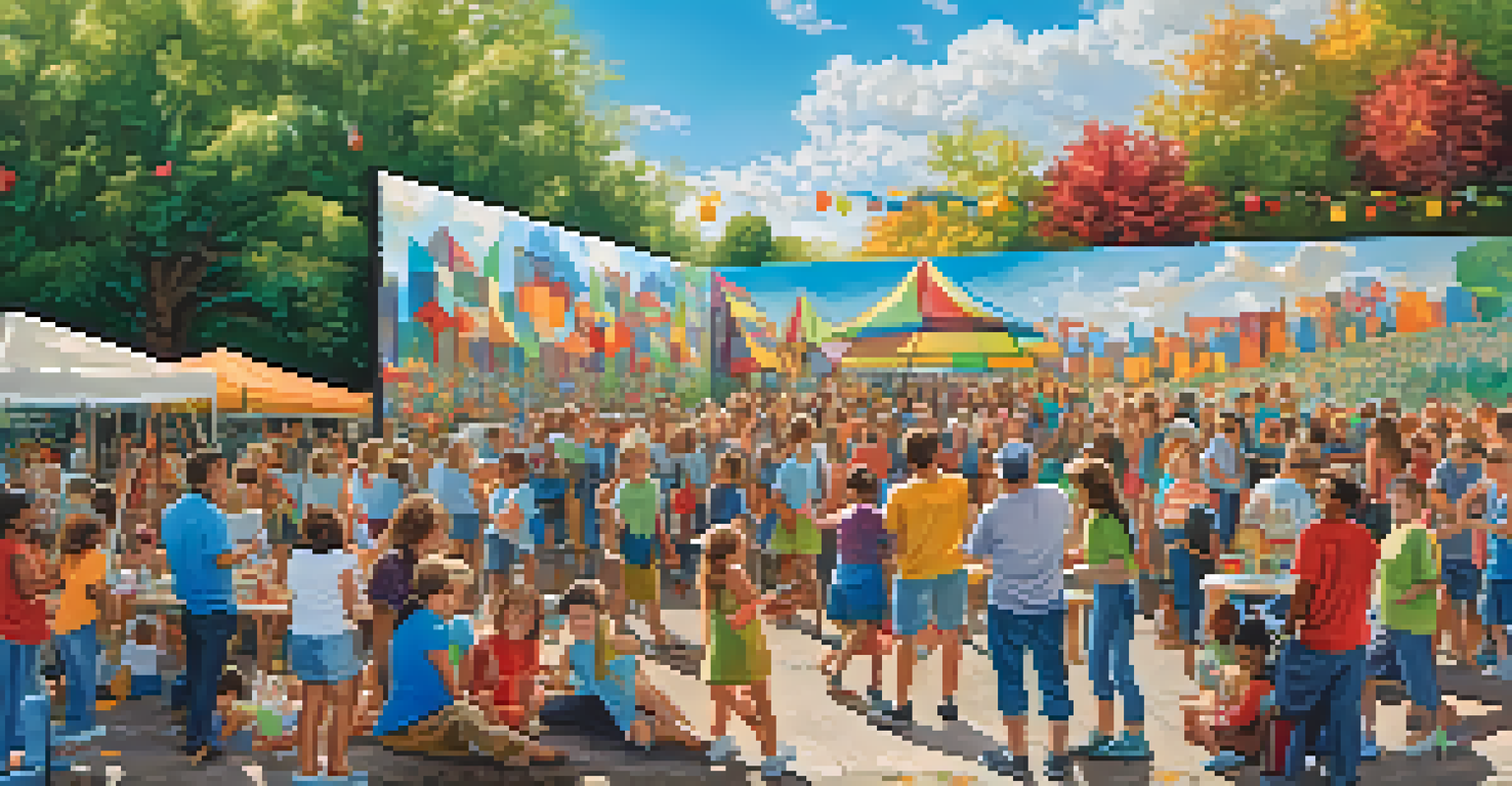 A community art event with diverse people painting a large mural outdoors, surrounded by trees and a blue sky.