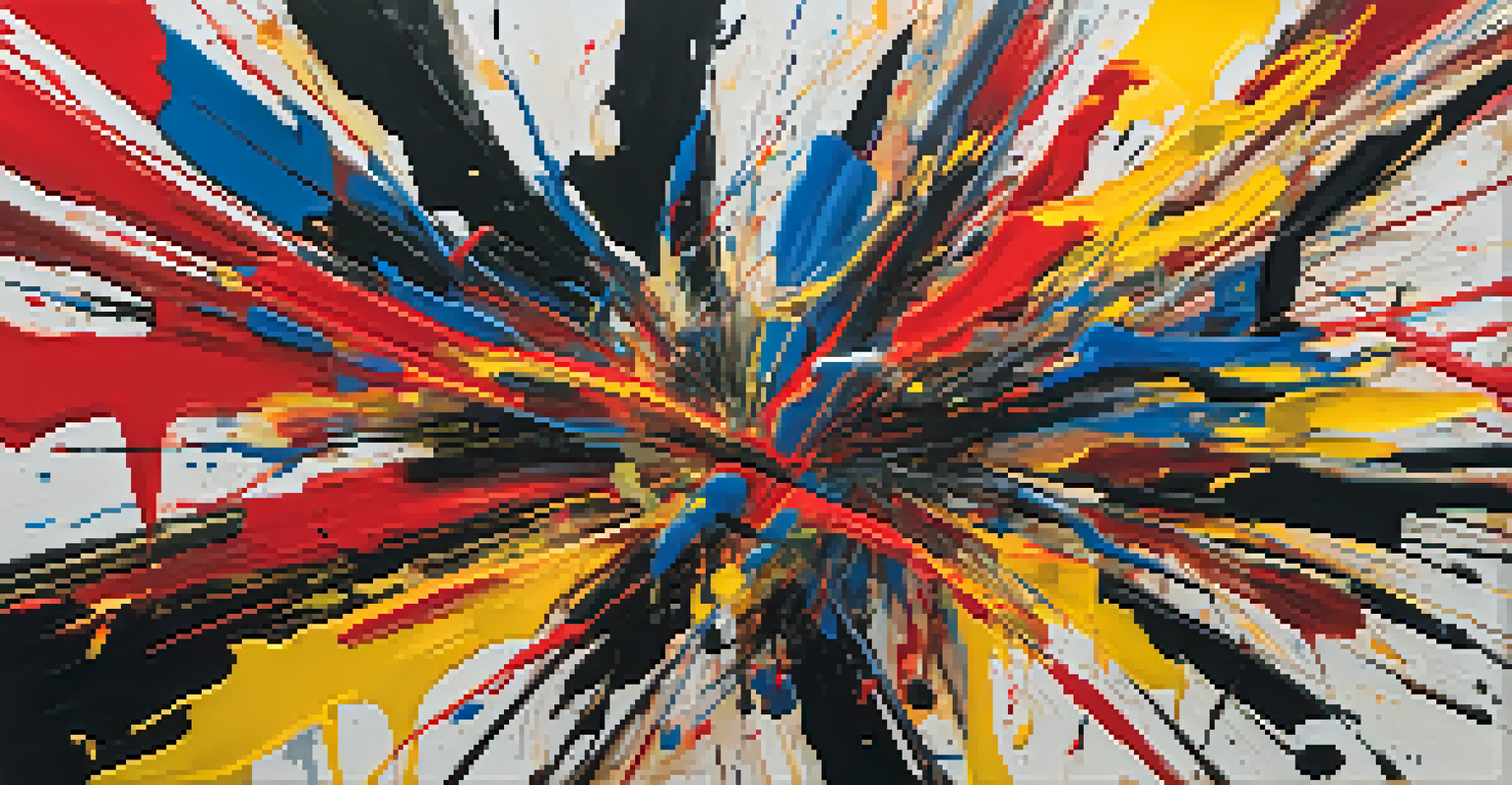 An abstract expressionist painting with energetic brushstrokes, featuring vivid colors like red, blue, and yellow, creating a sense of movement.