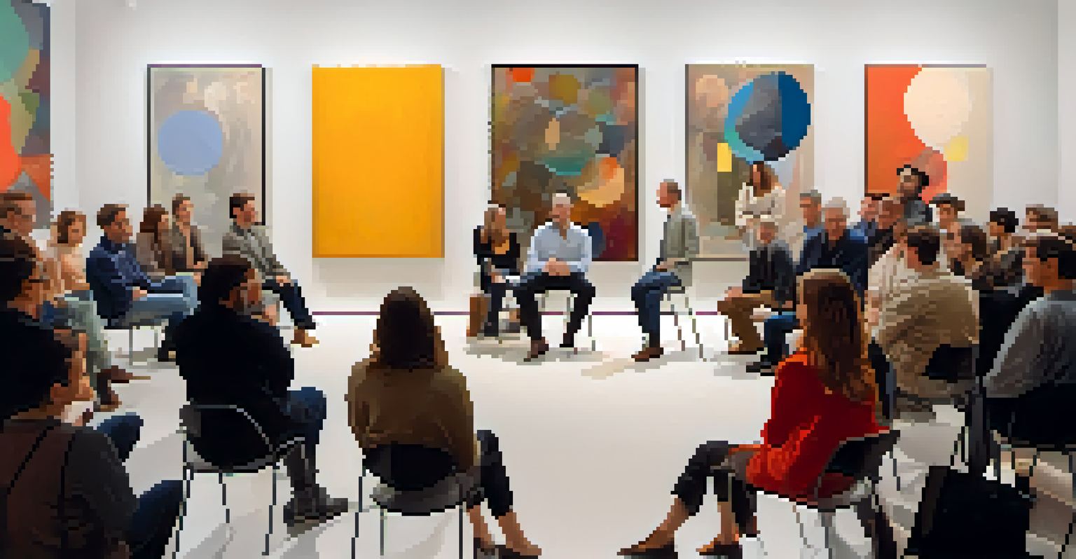 A group of diverse people discussing an abstract painting in a modern gallery during an art critique session.