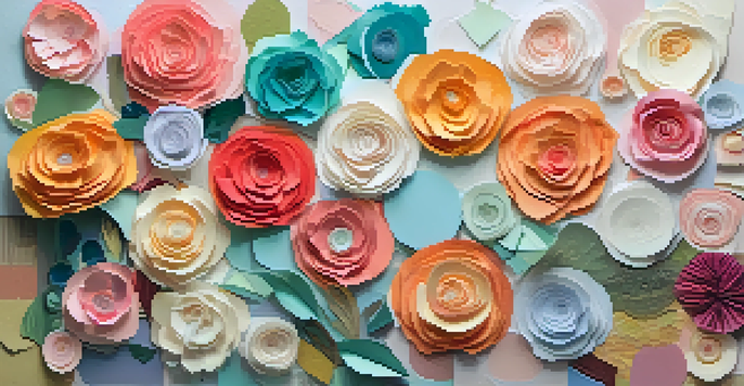 A colorful collage painting with layered textures and an abstract floral design, illuminated by soft natural light.