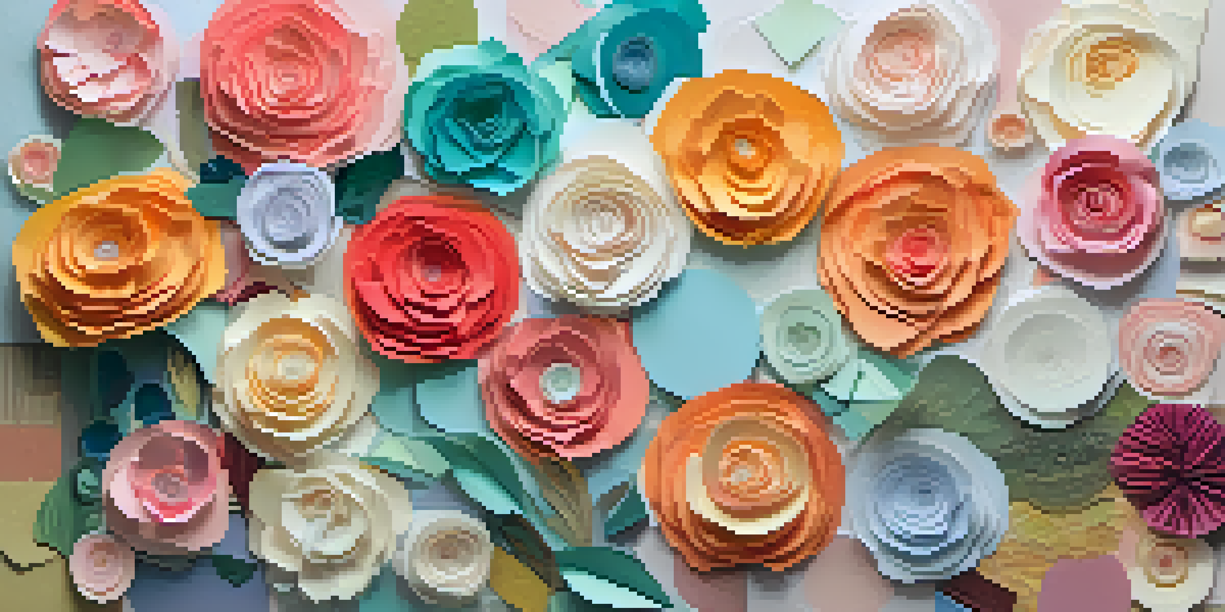 A colorful collage painting with layered textures and an abstract floral design, illuminated by soft natural light.