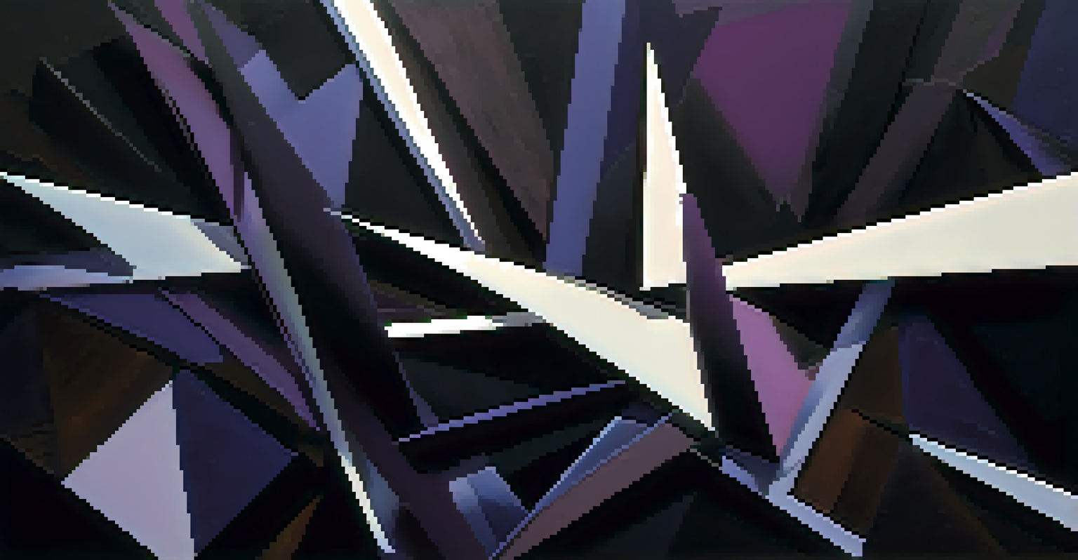 An abstract piece with jagged lines in dark colors, suggesting tension and frustration with a rough texture.