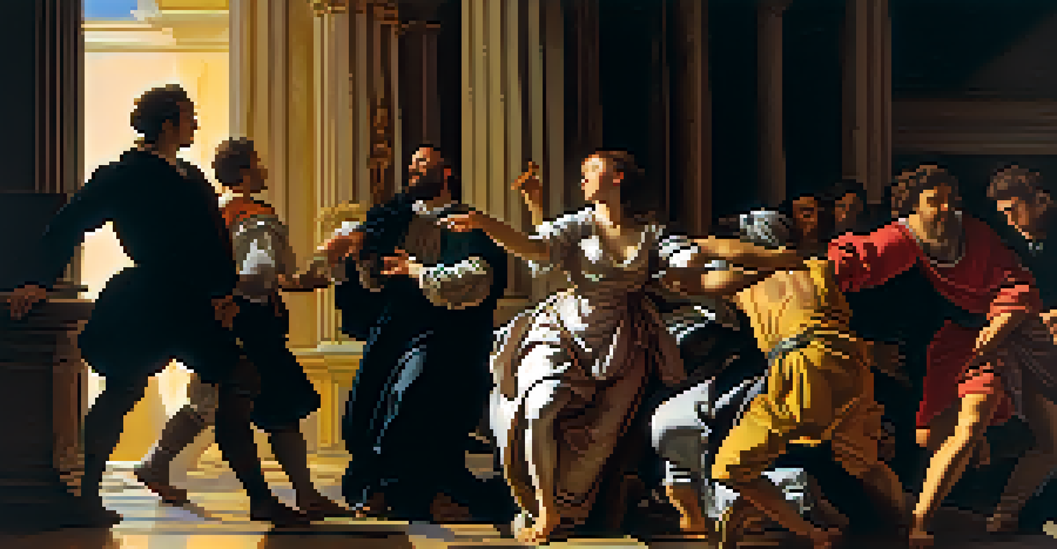 A dramatic Baroque painting showcasing expressive figures illuminated by strong light and shadow, conveying deep emotion.