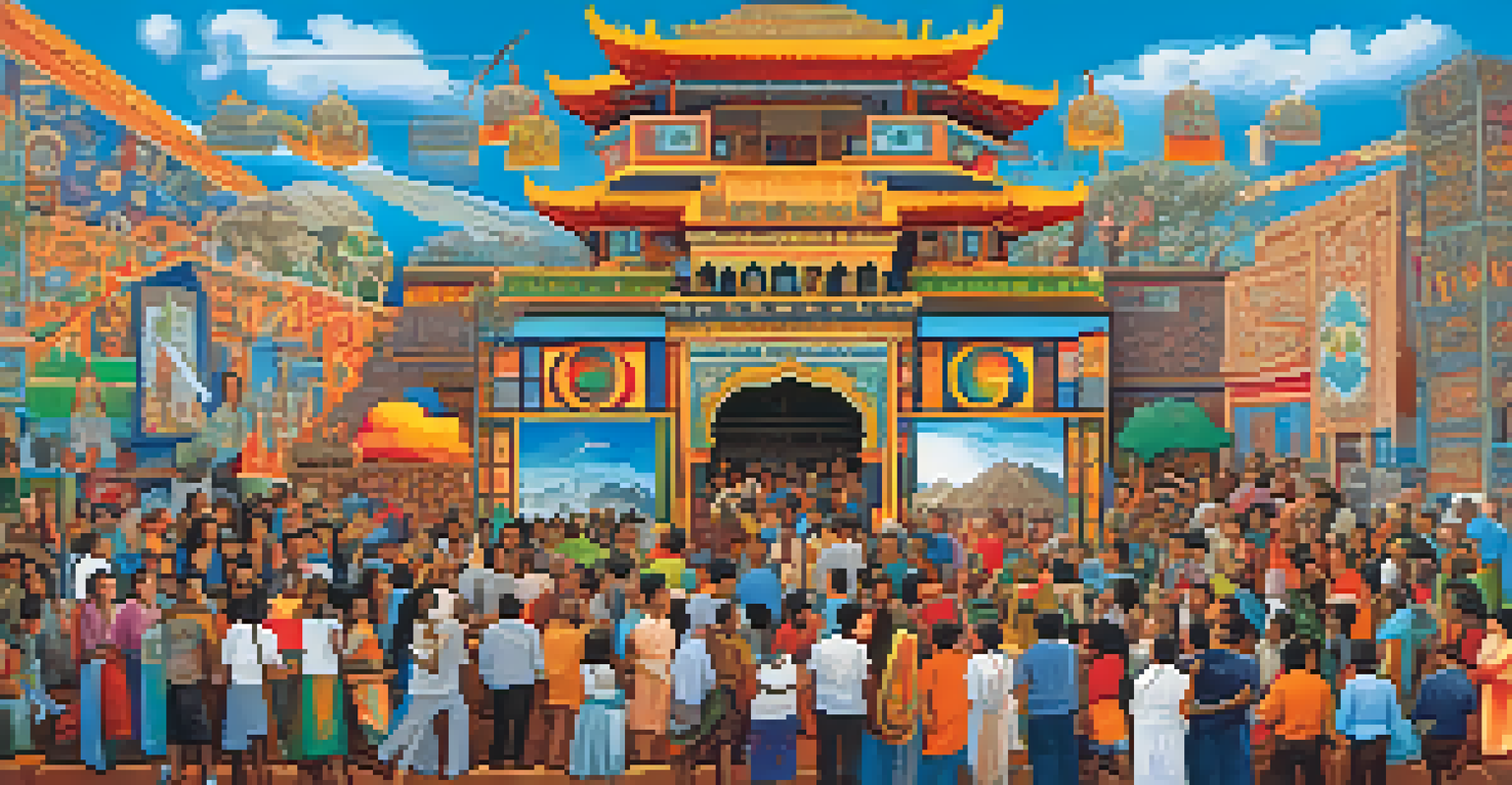 A colorful mural representing cultural identity, with a diverse group of people gathered around it, appreciating the artwork.