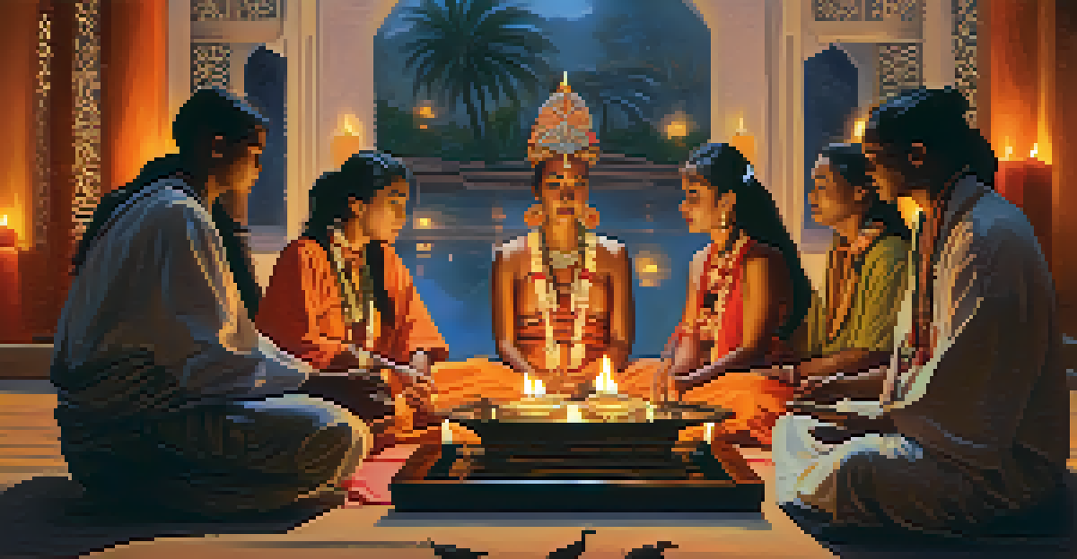 A serene spiritual body painting ceremony with individuals in traditional attire surrounded by candles, showcasing the act of painting each other in a tranquil atmosphere.