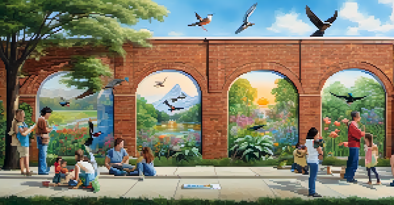 Local artists painting a nature-themed mural on a brick wall in an outdoor community art project, with greenery and daylight enhancing the scene.