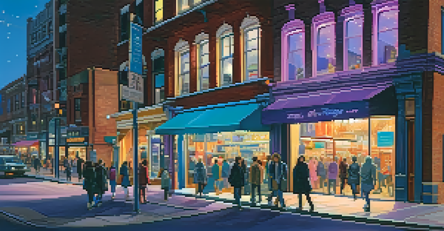 A lively city street at twilight with neon signs, people walking, a blend of modern and historic buildings, and a transitioning sky.