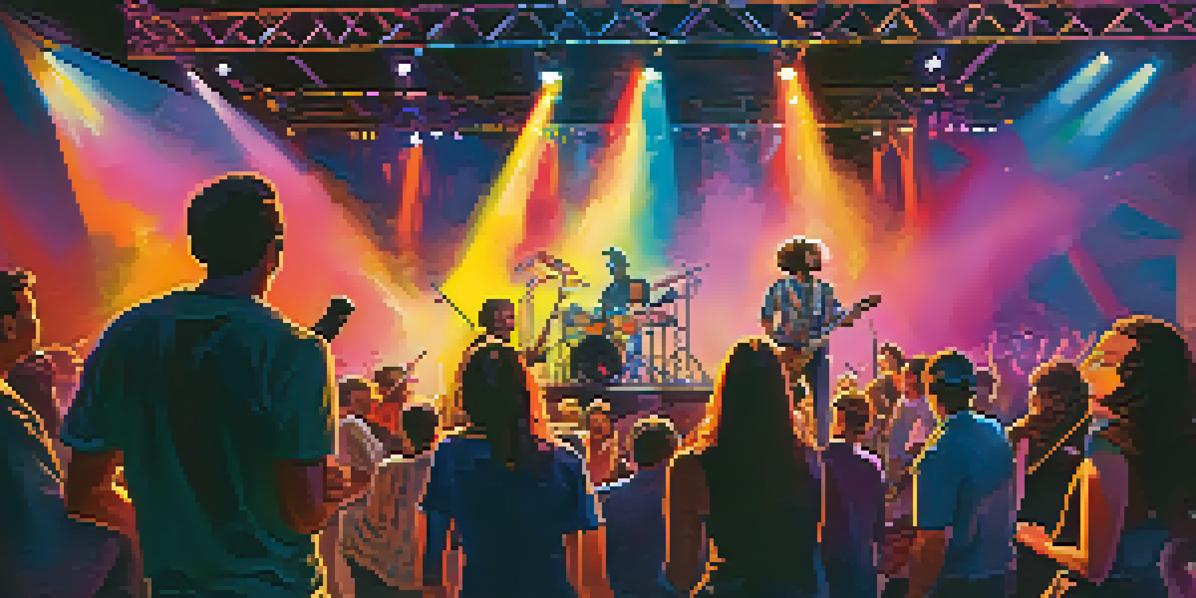 A lively concert with musicians performing on stage, colorful lights illuminating the scene, and abstract art visuals projected in the background, capturing the audience's excitement.