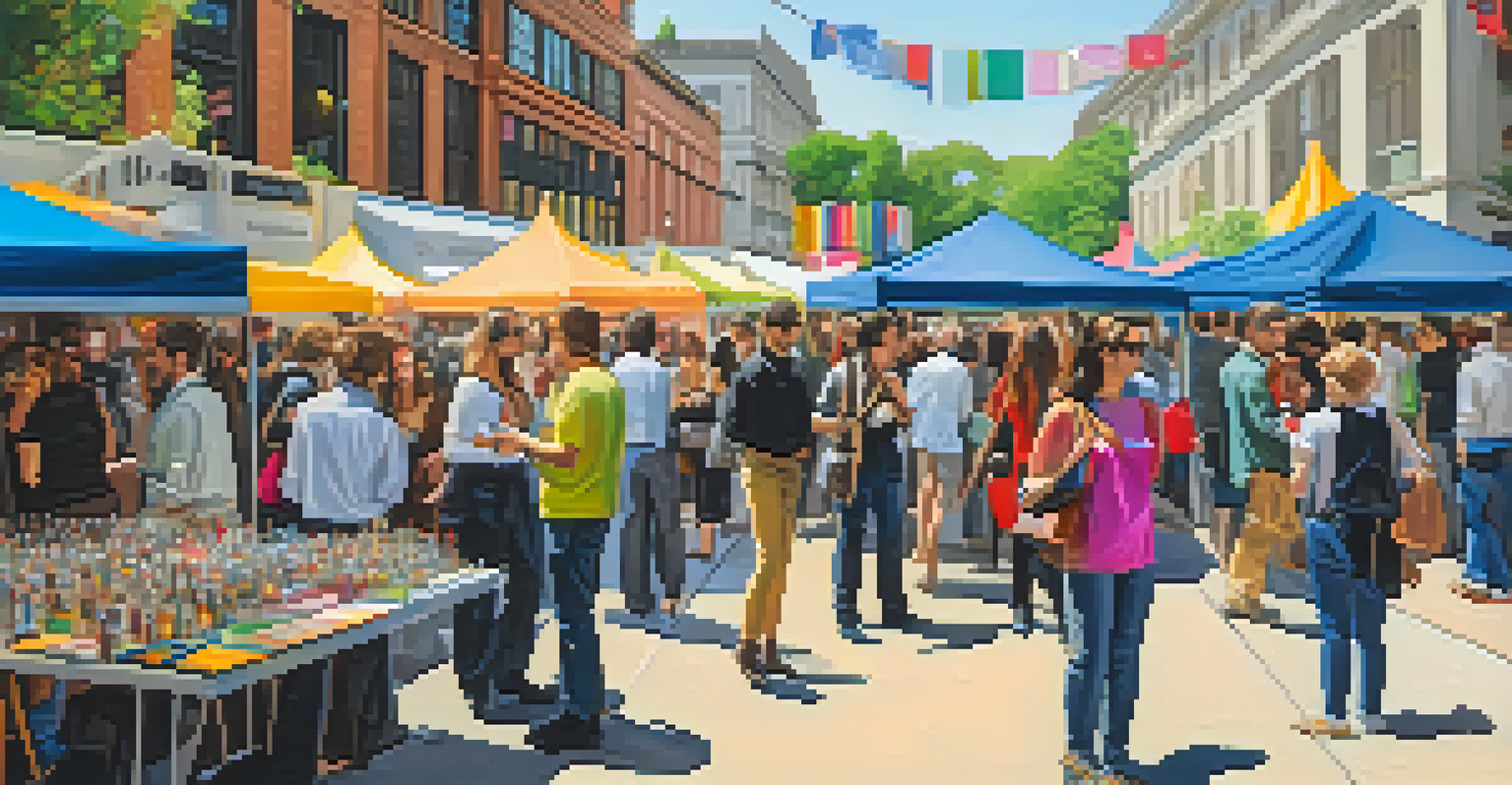 A vibrant art fair with attendees exploring colorful booths of contemporary artworks.