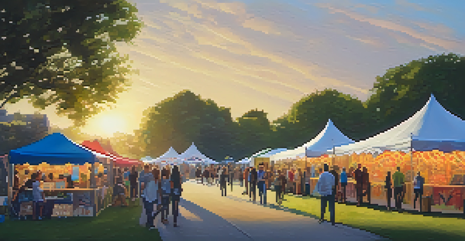 An outdoor art festival with colorful tents and people interacting with artists at sunset.