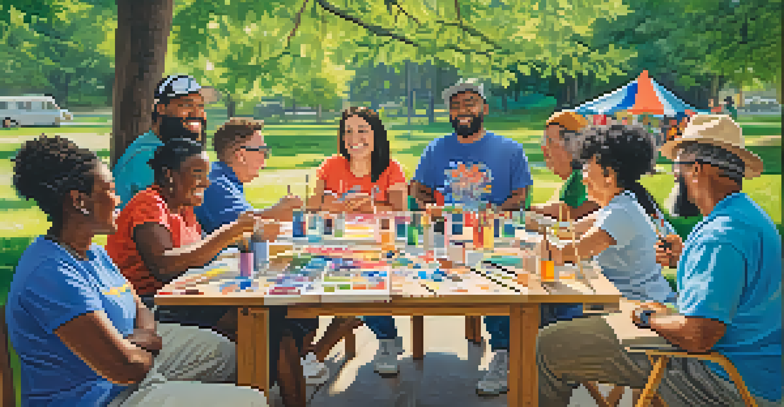 A diverse group of people painting together outdoors, with colorful canvases and nature in the background.