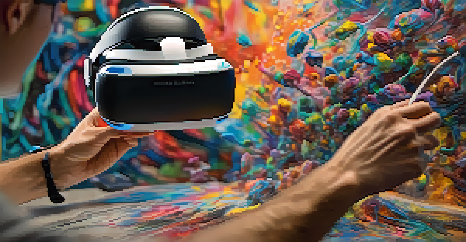 An artist sculpting in a virtual reality space, with colorful 3D art emerging around their hands.