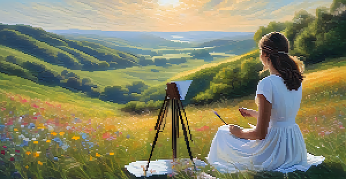 A young woman in a white dress painting a sunlit meadow filled with colorful wildflowers and rolling hills under a blue sky.