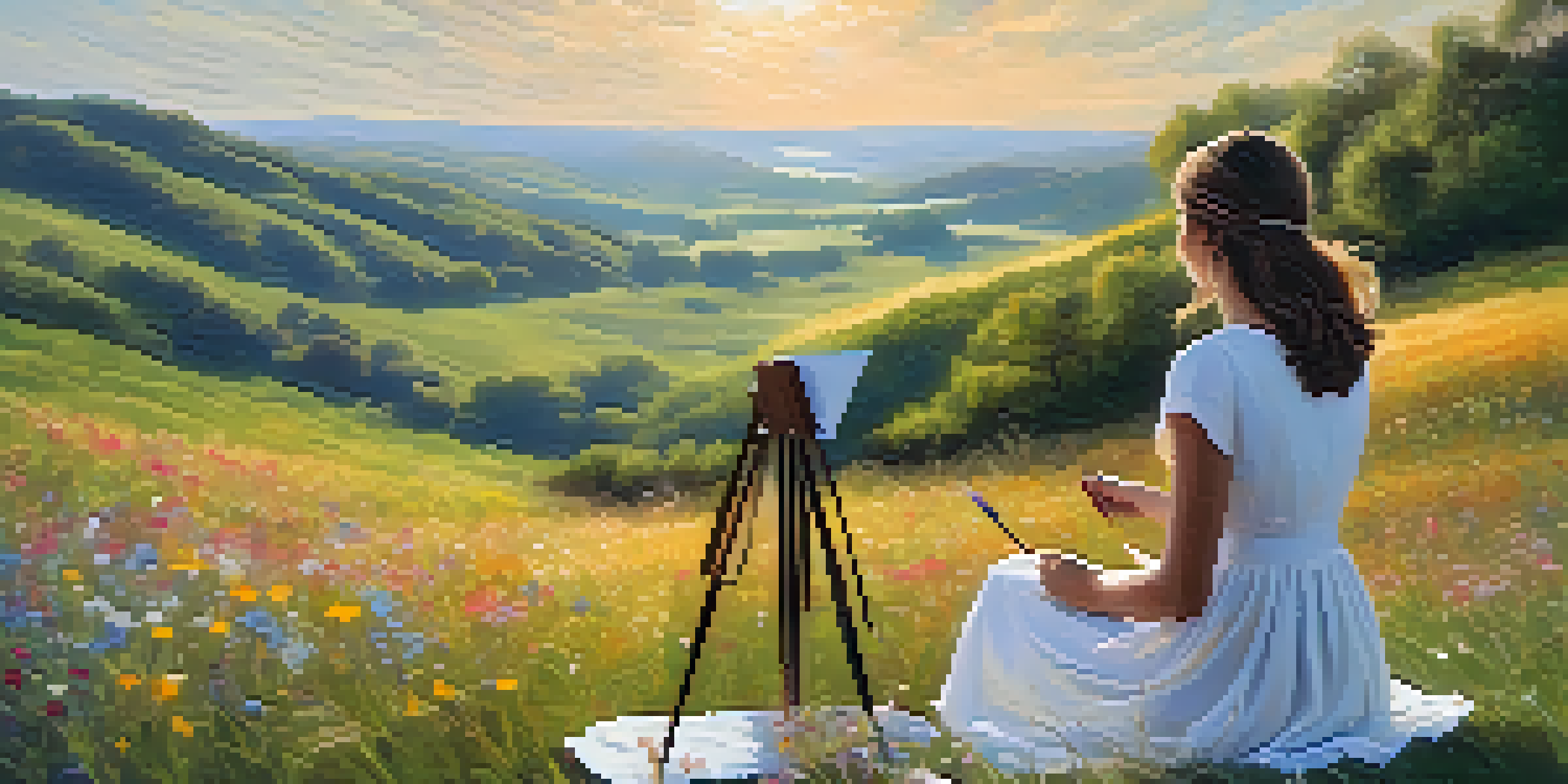 A young woman in a white dress painting a sunlit meadow filled with colorful wildflowers and rolling hills under a blue sky.