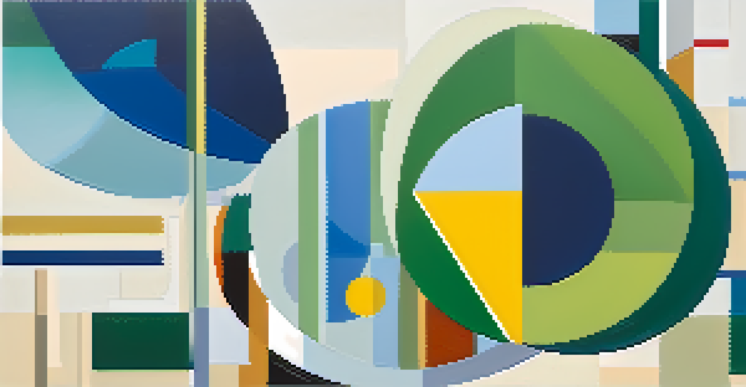 An abstract image with a large circular shape in vibrant colors in the foreground and muted geometric patterns in the background.
