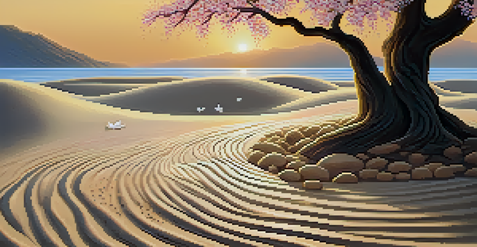 A tranquil Zen garden at sunrise, with raked sand patterns, smooth stones, and blooming cherry blossom trees, illuminated by soft golden light and surrounded by mist.
