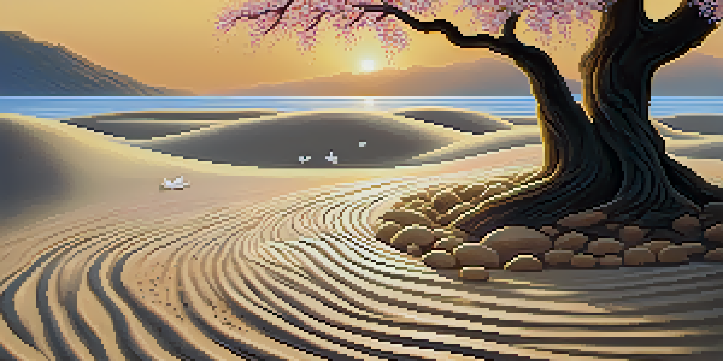 A tranquil Zen garden at sunrise, with raked sand patterns, smooth stones, and blooming cherry blossom trees, illuminated by soft golden light and surrounded by mist.