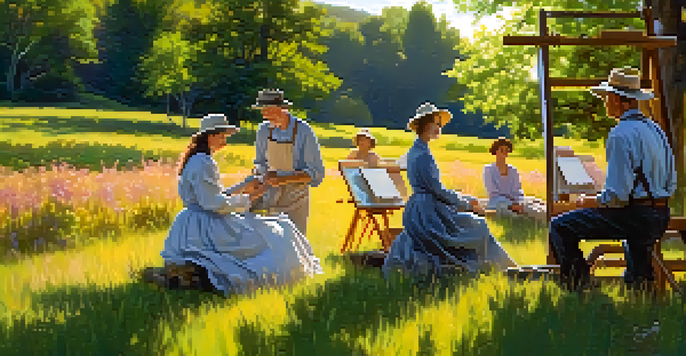 A group of American Impressionist artists painting outdoors in a colorful meadow filled with wildflowers, with dappled sunlight filtering through the trees.
