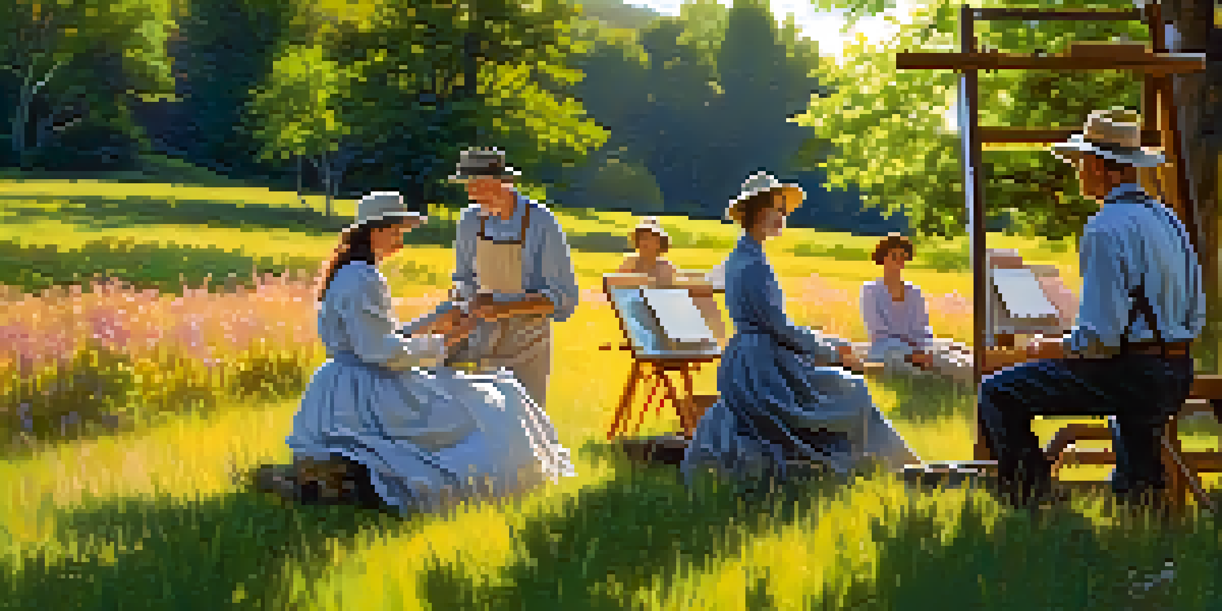 A group of American Impressionist artists painting outdoors in a colorful meadow filled with wildflowers, with dappled sunlight filtering through the trees.
