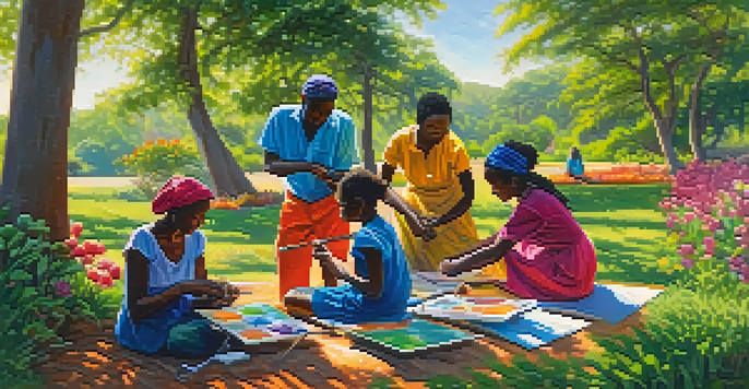 A group of African artists painting outdoors in a colorful landscape, showcasing Impressionist techniques with vibrant colors and light.