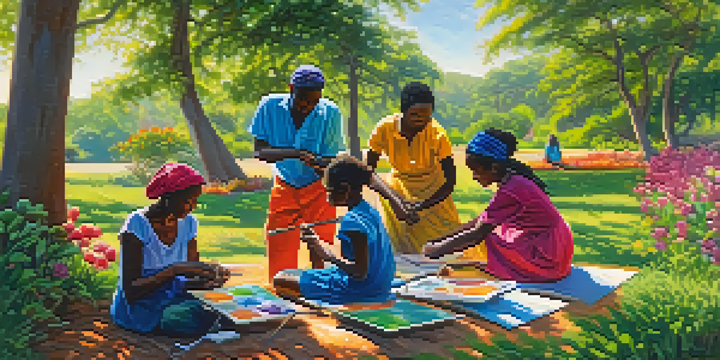 A group of African artists painting outdoors in a colorful landscape, showcasing Impressionist techniques with vibrant colors and light.