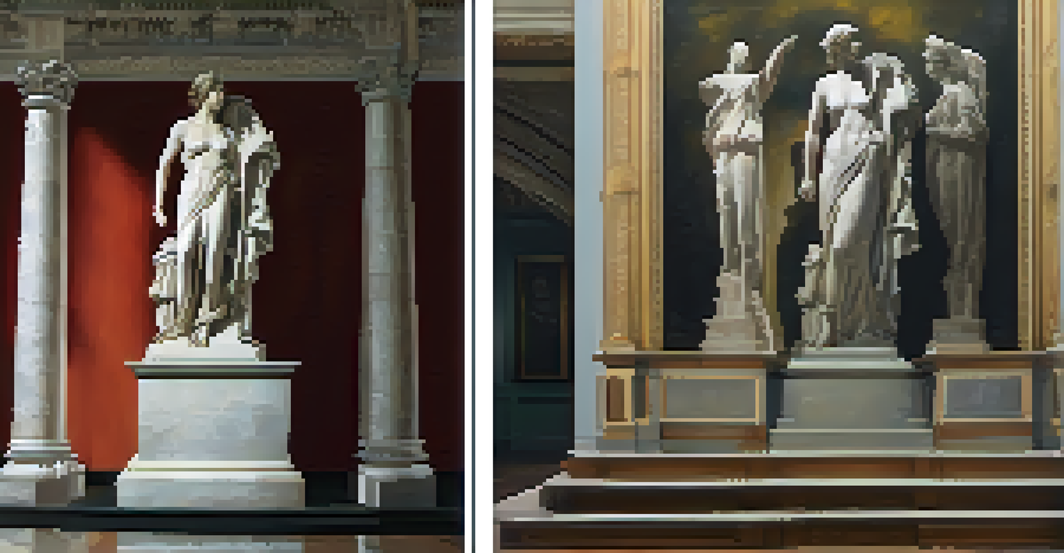 A side-by-side comparison of a weathered sculpture before restoration and its vibrant, restored version in a museum setting.
