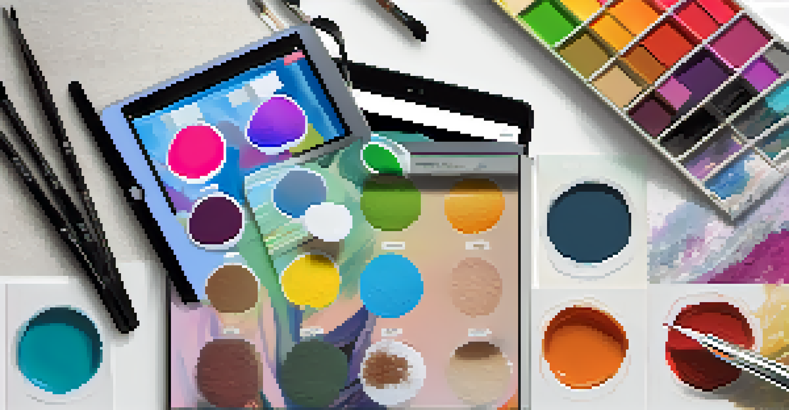 A digital tablet showing a colorful mood board for painting, with traditional art supplies in the background.