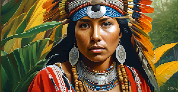 A portrait of an Indigenous woman wearing traditional jewelry and clothing, set against a natural background with trees and water.