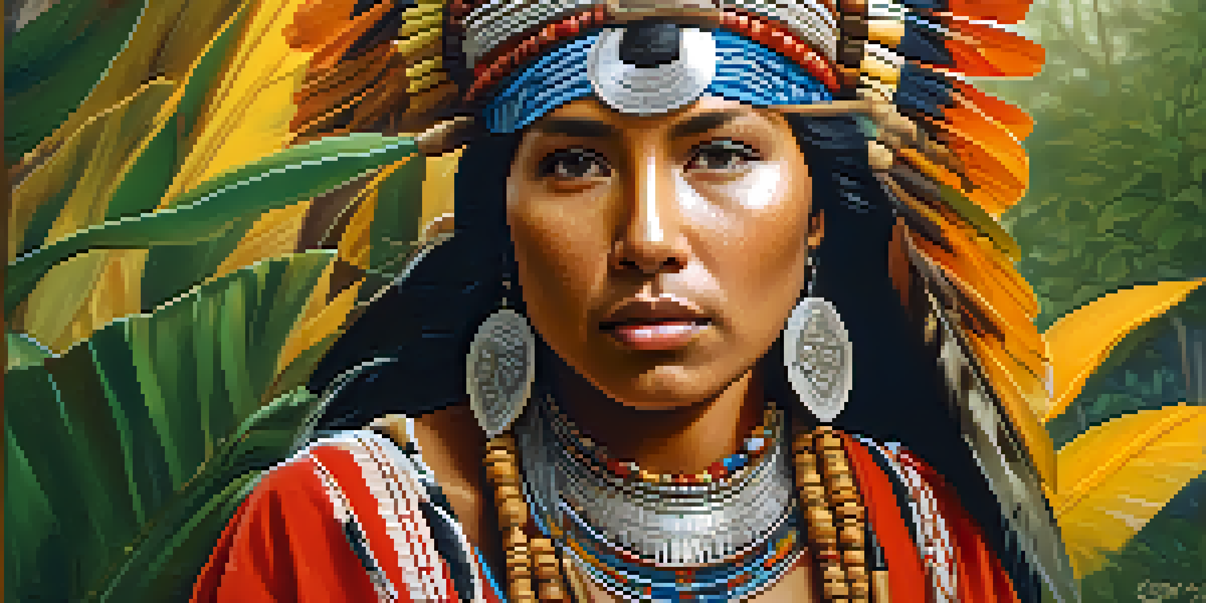 A portrait of an Indigenous woman wearing traditional jewelry and clothing, set against a natural background with trees and water.